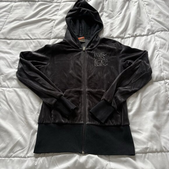 Vintage 90s Y2K Nike Athletic Dept Black Velour Full Zip Hoodie Womens Medium - Picture 1 of 8